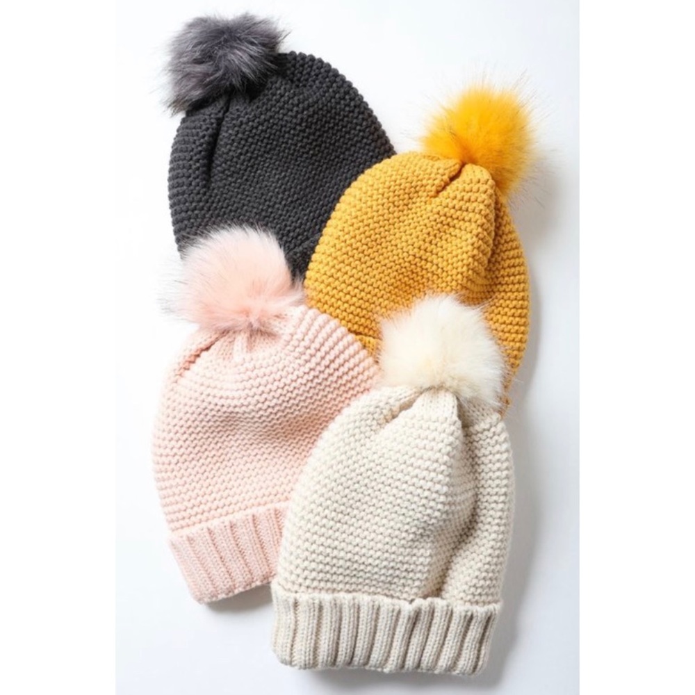 Mustard Pom Faux Sherpa Lined Knit Beanie - Picture 3 of 4